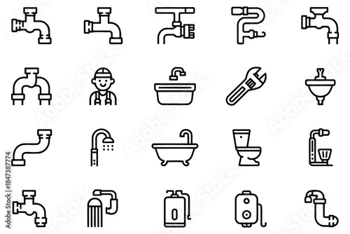 Plumbing tools and equipment icons, faucet, pipe, wrench, shower, bathtub, toilet, water heater, handyman silhouette