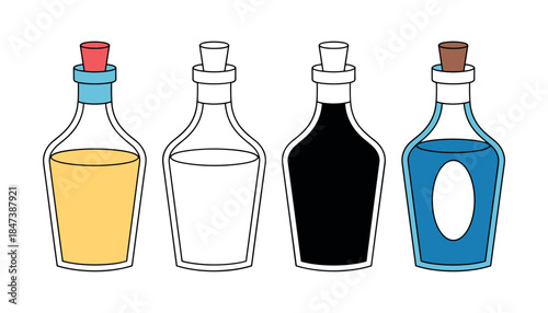 Four cartoon glass bottles with cork stoppers containing yellow black blue and clear liquids