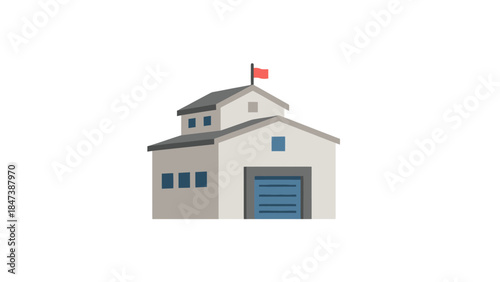 Modern Industrial Warehouse Building with Garage Door.