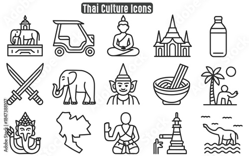 Set of line art thai culture icons, perfect for web, print, and digital projects
