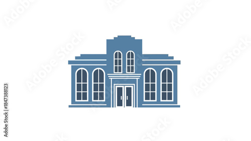 Classic Blue Building Facade with Arched Windows and Double Doors.