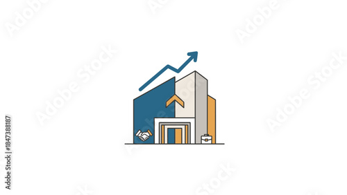 Building with upward trending arrow symbolizing growth and success.