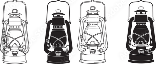 Vintage kerosene lanterns set outline and solid black illustrations