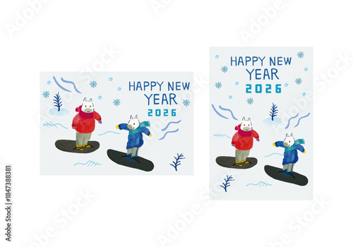 年賀状ベクターイラストテンプレート　スノーボードをする2頭の馬　手書きで描いた冬の風景