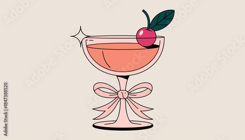 Pink cocktail in coupe glass with cherry and bow on pale background with sparkle