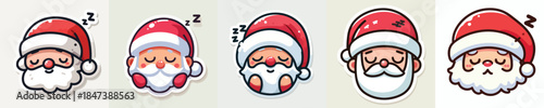Sleepy Santa Claus sticker wearing a sleeping hat. Vector, minimalist, illustration, icon set.