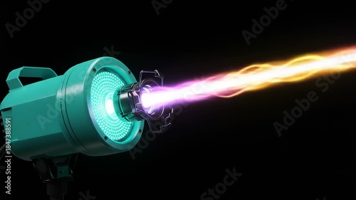Futuristic device emitting colorful energy beam in dark