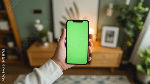 Person Holding a Smartphone with Green Screen for Chroma Key, Indoors Modern Apartment