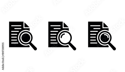 Three black of a document with horizontal lines and a magnifying glass over it on a white background