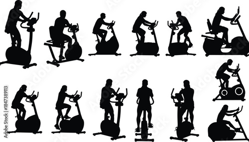 Large Collection of People Silhouettes Exercising on Stationary Bikes and Cycle Machines, Illustrating Fitness, Workout, Gym Training, Health, and Cardio
