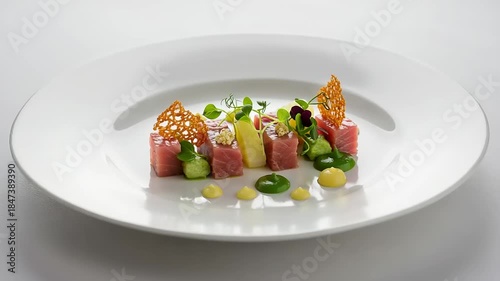 Gourmet sushi dish elegantly presented on white plate