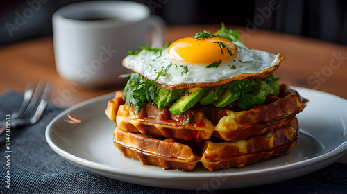 Golden waffle sandwich with egg and greens on minimal background. 

