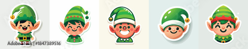 Cheerful smiling Christmas elf stickers. Vector, minimalist, illustration, icon set.