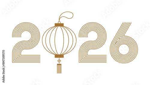 Year 2026 with golden lantern and stylized numbers in minimalist line new year