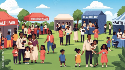 Diverse group of people attending a vibrant community health fair outdoors on a sunny day with booths and tents