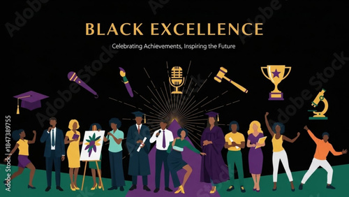 Diverse group of people celebrating black excellence with symbols of achievement on black background