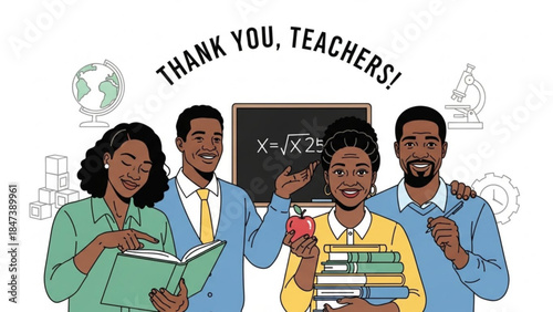 Diverse group of teachers with books and apple thanking educators, standing in front of a blackboard with a math equation and school supplies in background