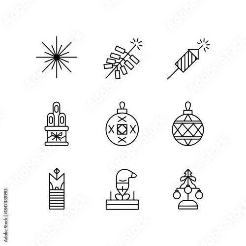 A festive winter holiday vector icon set for Christmas and New Year celebration. Features sparkling snowflake decorations, Santa, gift illustrations, and an exciting visual burst