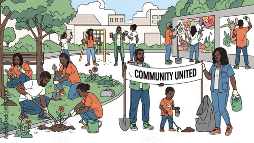 Community united people gardening and painting together outdoors in a park with a banner