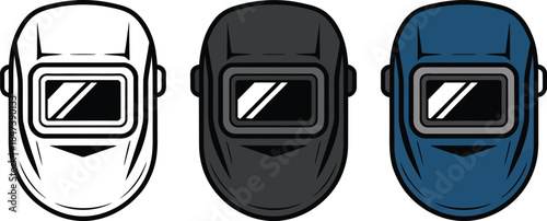 Three Welding Helmets in White Black and Blue Colors