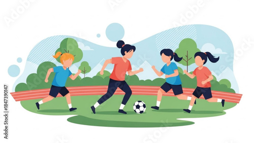Four kids playing soccer on green field with trees and running track background