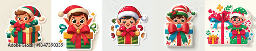 Christmas elf sticker peeking out from behind a gift box. Vector, minimalist, illustration, icon set.