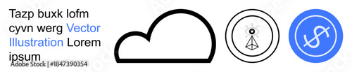 Data storage, cloud computing, digital connectivity, blockchain, wireless communication, futuristic concepts. Black cloud outline and two icons. Cloud computing and digital connectivity symbol