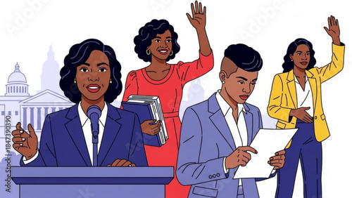 Diverse group of four women in business attire standing together with one speaking at a podium in front of government building