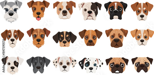 Title: Collection of Cute Dog Face Portraits of Various Breeds, Illustrating Pet Care, Animal Characters, Veterinary Theme, and Canine Vector Set