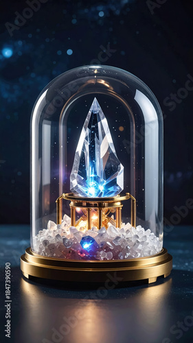 Crystal magic fantasy glass dome glowing gem blue light luxury elegant crystal magic fantasy glass dome glowing gem blue light luxury elegant display creates mysterious atmosphere dark background