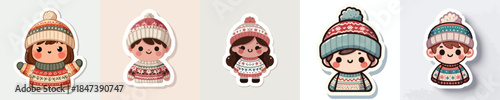 Sticker of a little boy wearing a Christmas sweater and winter hat. Vector, minimalist, illustration, icon set.