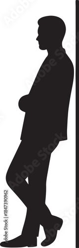 minimalist black vector silhouette of man leaning on wall, clean flat design