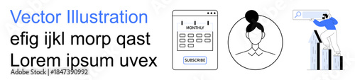Business operations, online subscriptions, user profiles, analytics, research, digital platforms. Calendar sign-up, profile icon person searching with data chart. Business operations and online
