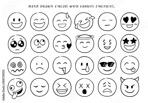 手描きのベクタースケッチ風の落書き絵文字。笑顔、悲しみ、涙などの感情を表現。コミック要素。