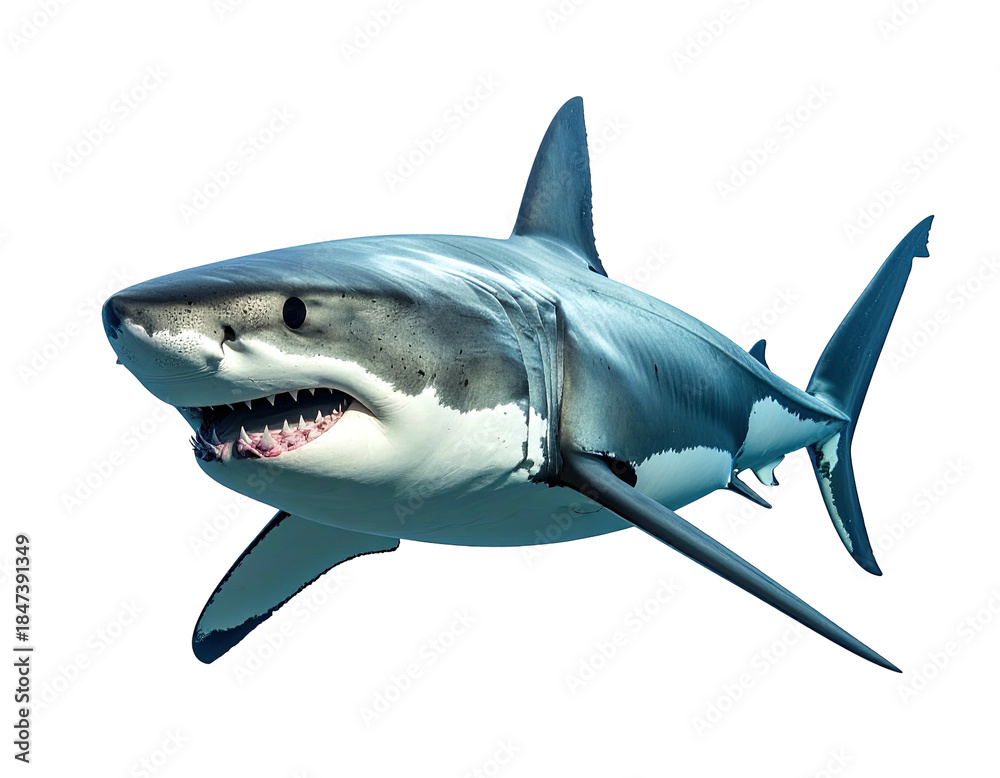 Fototapeta premium A powerful white and gray shark showing menacing teeth