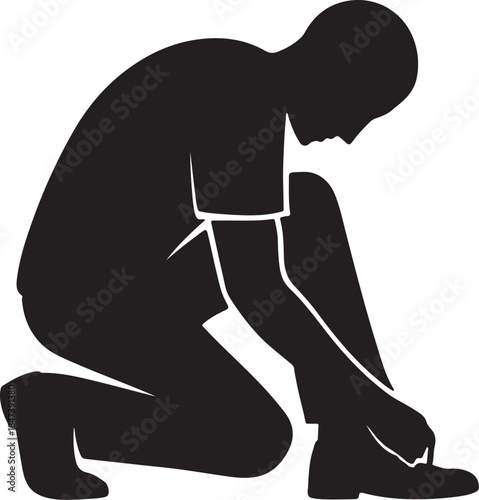 black vector silhouette of man tying shoelaces