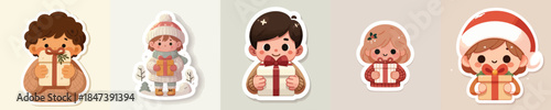 Sticker of a little boy holding a Christmas gift with two hands, shy pose. Vector, minimalist, illustration, icon set.