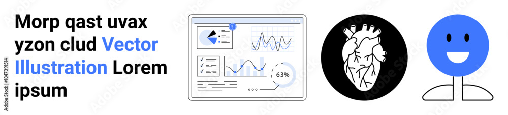 Fototapeta premium Medical research, healthcare technology, data visualization, biometrics, analytics, education. Combination of information dashboard, heart diagram and happy face. Medical research and healthcare