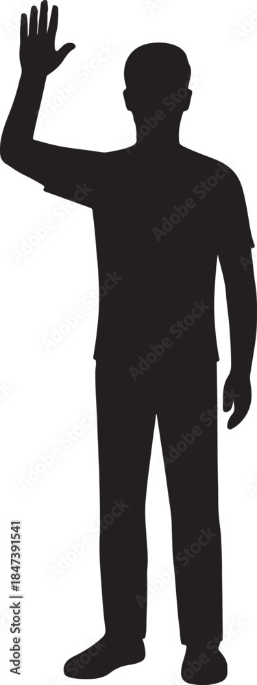 Fototapeta premium black vector silhouette of person waving hello, clean flat design