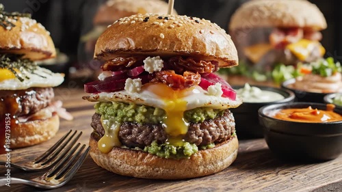 Stacked, gourmet burgers on wooden board, garnished with various toppings, showcasing rich colors and textures