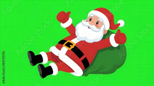 Joyful Cartoon Santa Claus with Gift Bag Thumbs Up on Green Screen