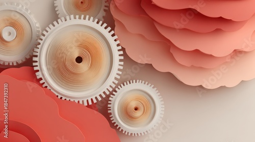 Intricate Paper Flowers and Gears Composition in Coral Tones