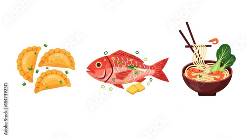 Fresh seafood and noodles with dumplings and vegetables on white background