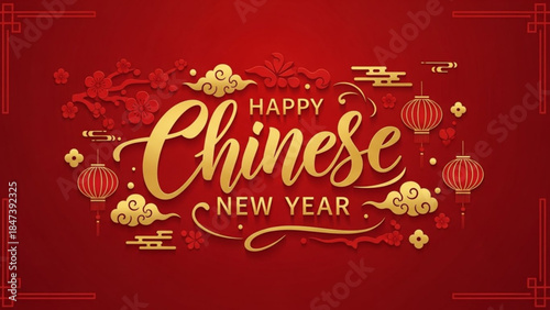 Happy chinese new year greeting with gold lanterns and decorations on red background