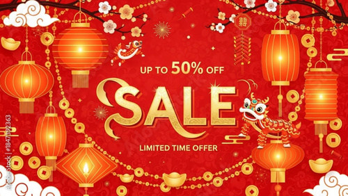 Vibrant red sale advertisement with golden lanterns and dragon dance elements