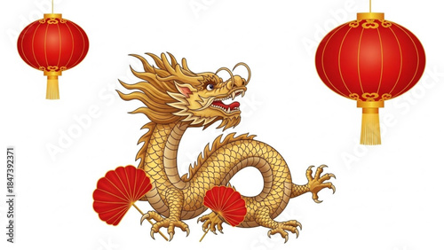 Golden dragon with red lanterns and fans on white background for chinese new year