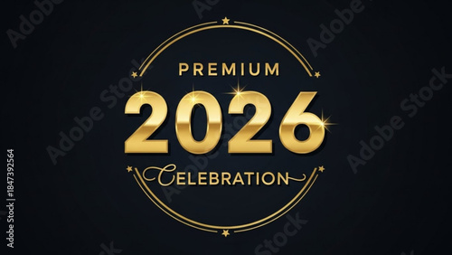 Premium 2026 celebration logo with gold text and stars on black background
