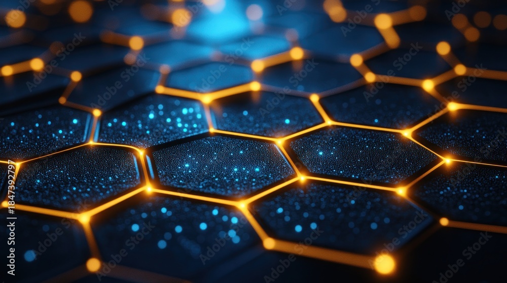 Fototapeta premium Hexagonal grid with glowing gold lines, dark blue background