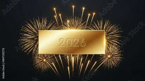Golden fireworks exploding behind shiny metal 2026 sign on black background
