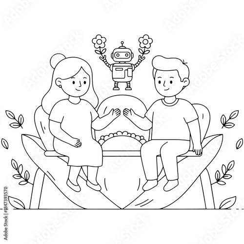 Children and robot enjoying nature on a large leaf Vector